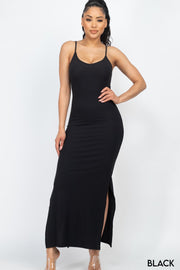 Casual Girl Solid Ribbed Side Slit Long Cami Dresses