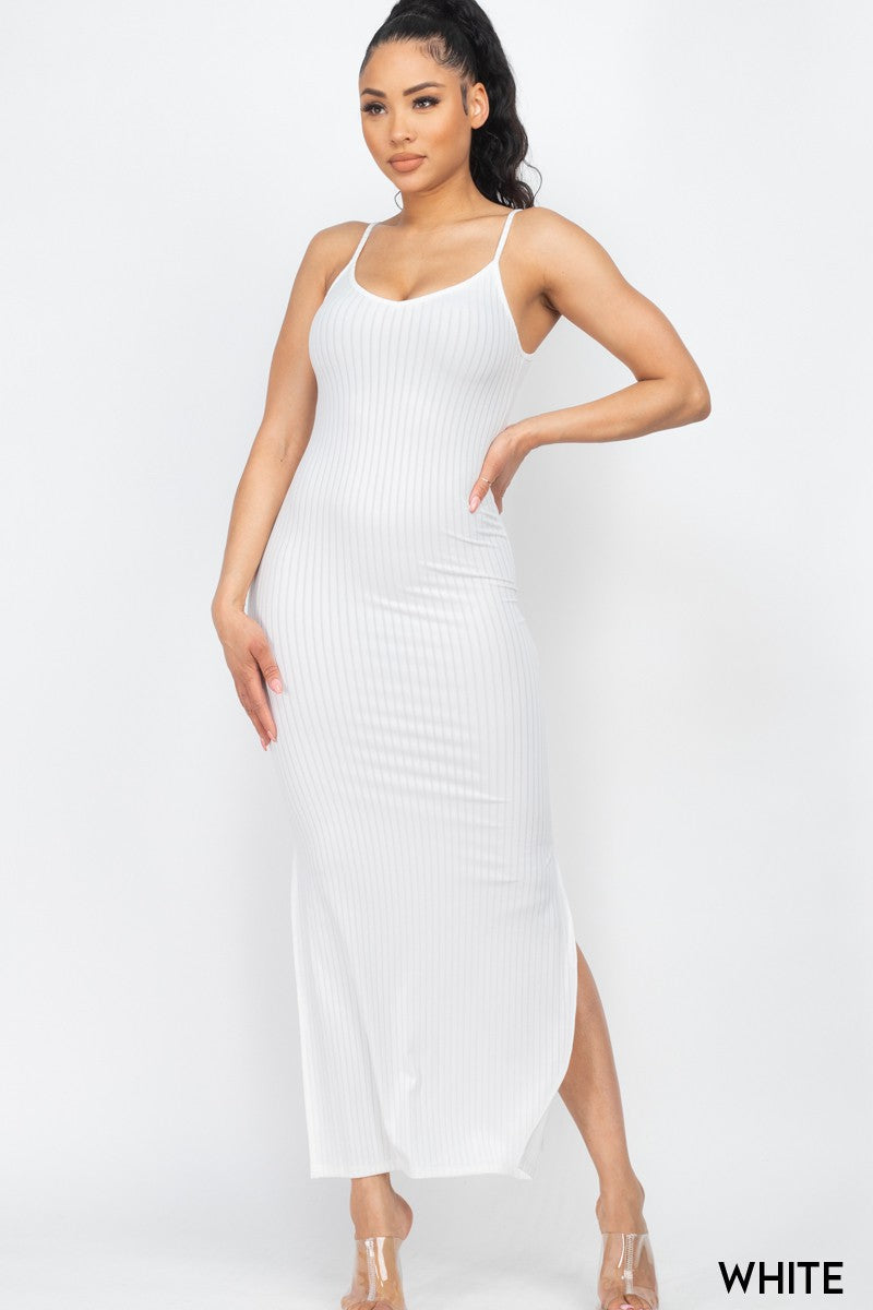 Casual Girl Solid Ribbed Side Slit Long Cami Dresses