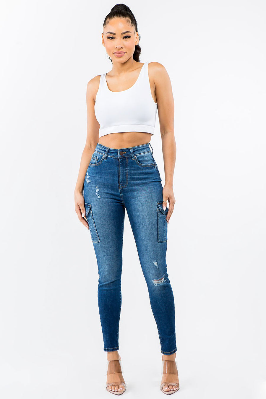 PLUS SIZE HIGH WAIST CARGO POCKET SKINNY JEANS