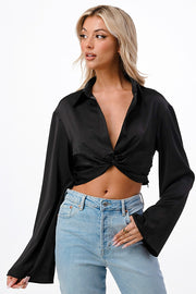 SATIN TWISTED FRONT CROPPED SHIRT