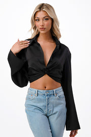 SATIN TWISTED FRONT CROPPED SHIRT