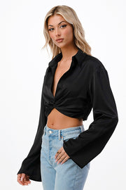 SATIN TWISTED FRONT CROPPED SHIRT