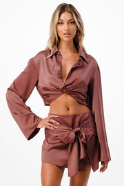 LAVISH SATIN TWISTED FRONT CROPPED SHIRT