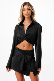 LAVISH SATIN TWISTED FRONT CROPPED SHIRT