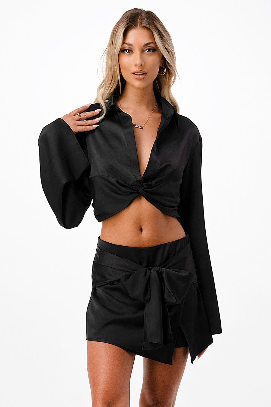 LAVISH SATIN TWISTED FRONT CROPPED SHIRT