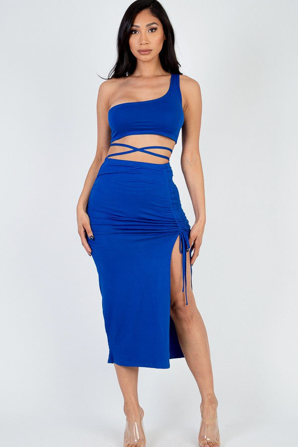 Asymmetric One Shoulder Crop & Side Slit Hem Skirt