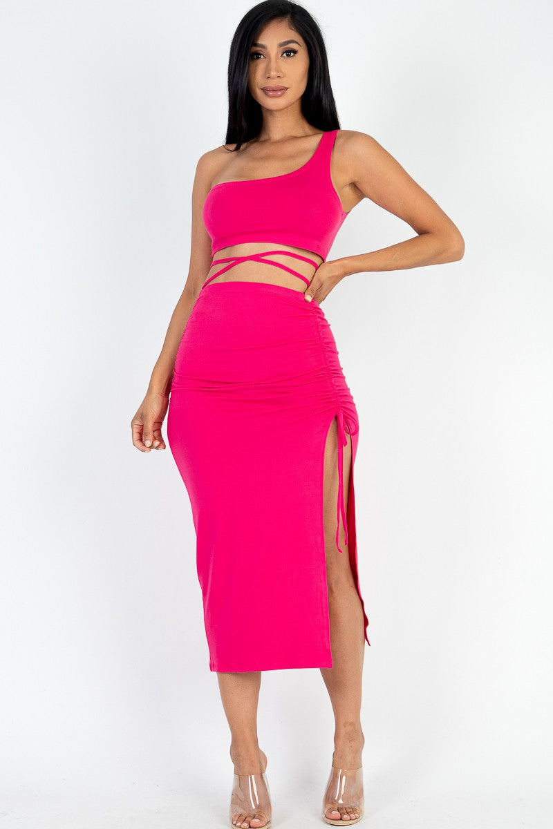 Asymmetric One Shoulder Crop & Side Slit Hem Skirt