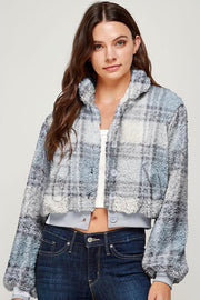 PLAID SHERPA CROPPED JACKETS