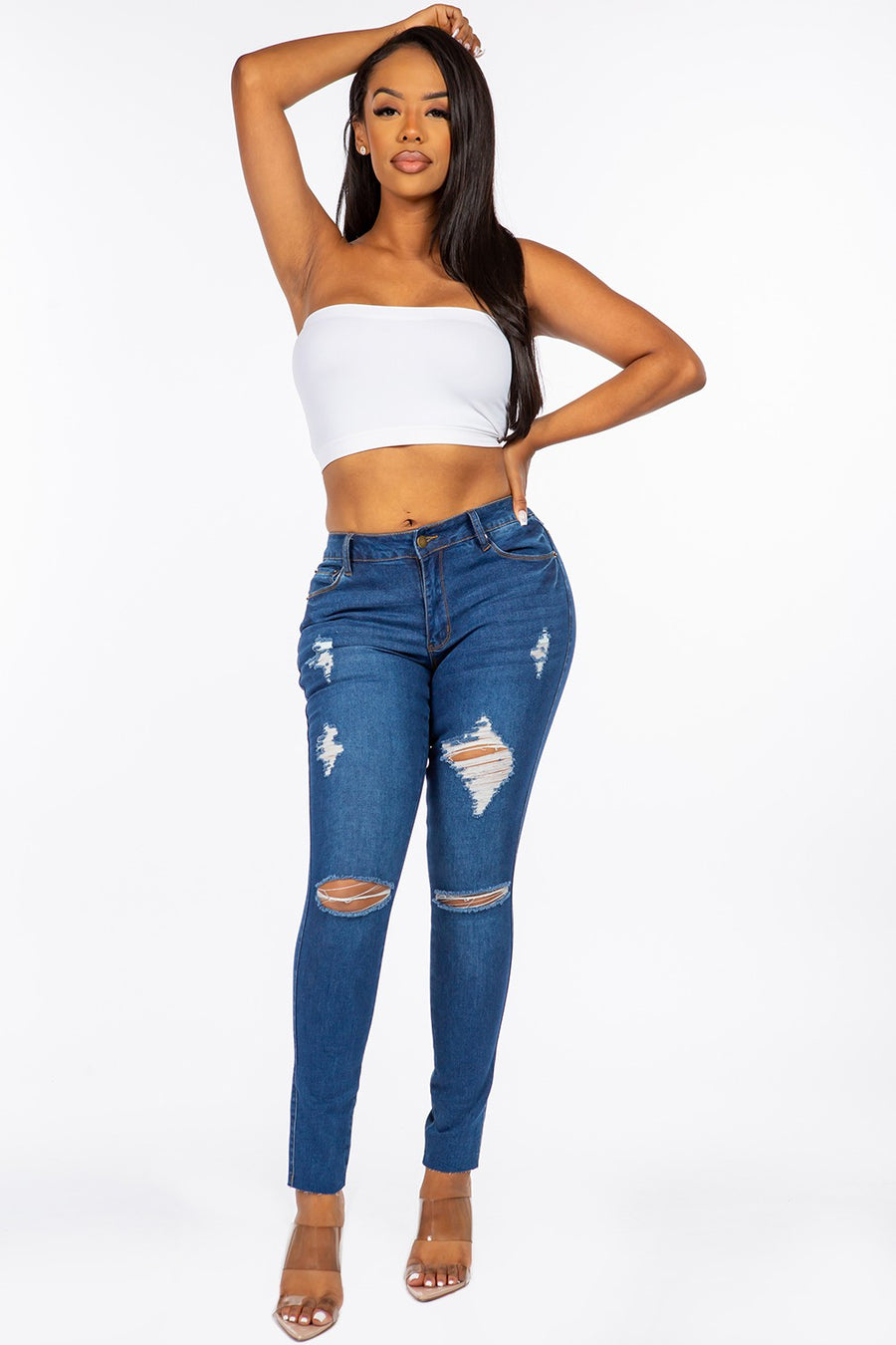 Distressed Mid Rise Skinny Jeans