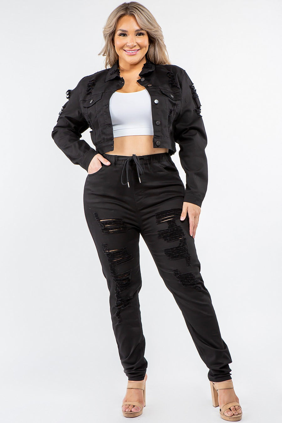 PLUS SIZE HIGH WAIST DISTRESSED SKINNY JOGGERS