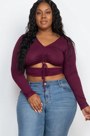 Plus Drawstring Ruched Cutout Front Crop Tops