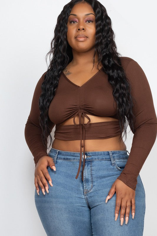 Plus Drawstring Ruched Cutout Front Crop Tops