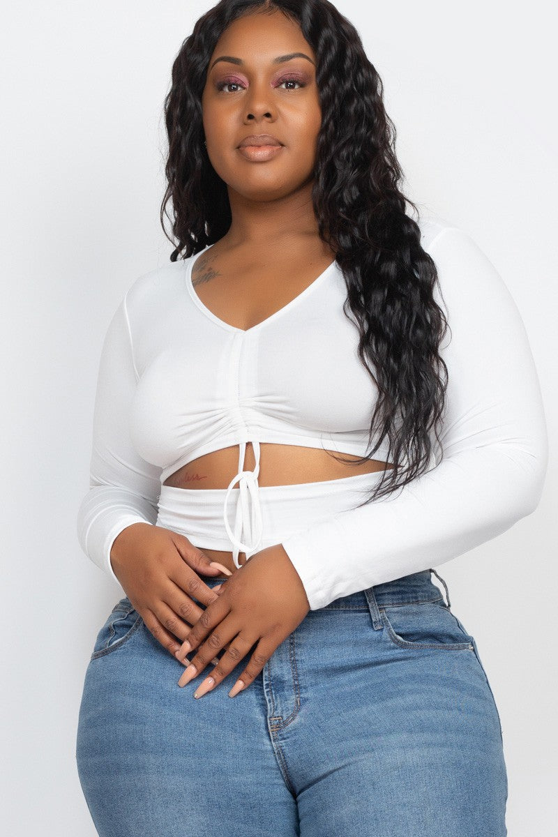 Plus Drawstring Ruched Cutout Front Crop Tops