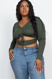 Plus Drawstring Ruched Cutout Front Crop Tops