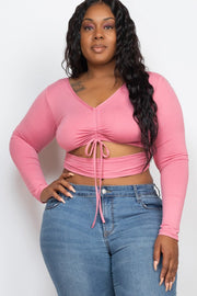 Plus Drawstring Ruched Cutout Front Crop Tops