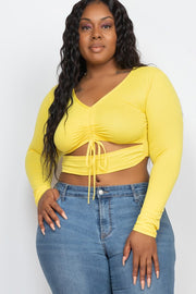 Plus Drawstring Ruched Cutout Front Crop Tops