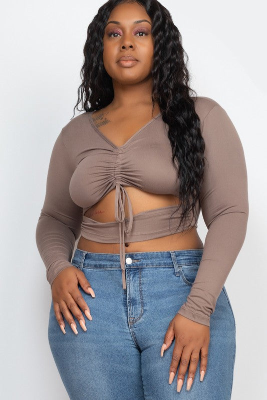 Plus Drawstring Ruched Cutout Front Crop Tops