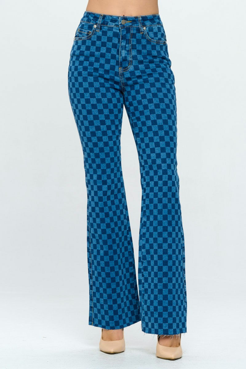 Checker High Rise Flare Jeans