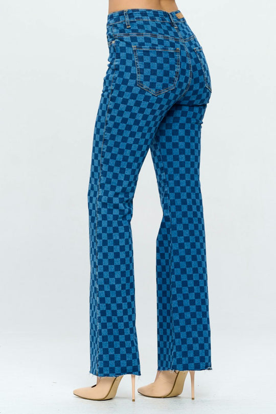 Checker High Rise Flare Jeans