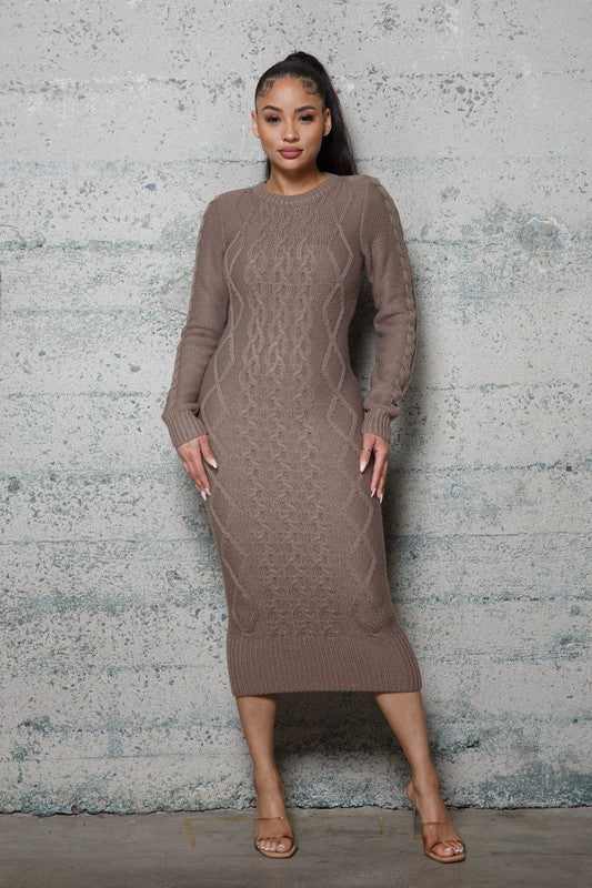 Long Sleeve Cable Pattern Sweater Long Dresses