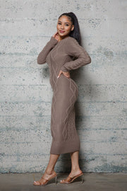 Long Sleeve Cable Pattern Sweater Long Dresses