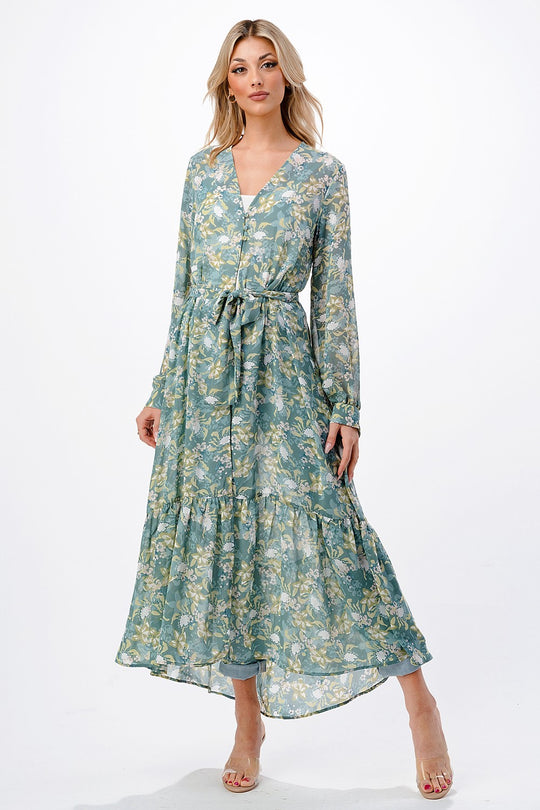 FLORAL PRINTED CHIFFON RUFFLED DUSTER