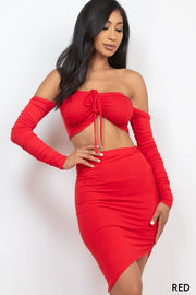 Off Shoulder Crop Top & Ruched Skirt Sets