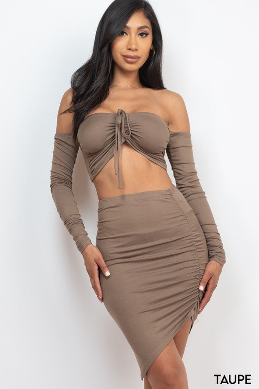 Off Shoulder Crop Top & Ruched Skirt Sets