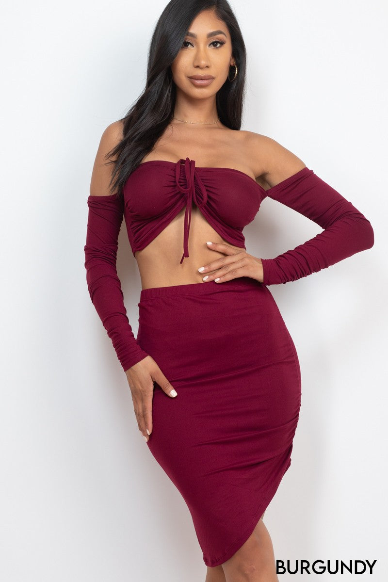 Off Shoulder Crop Top & Ruched Skirt Sets