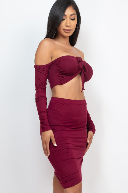 Off Shoulder Crop Top & Ruched Skirt Sets