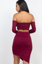 Off Shoulder Crop Top & Ruched Skirt Sets