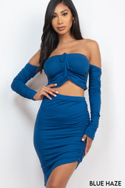 Off Shoulder Crop Top & Ruched Skirt Sets