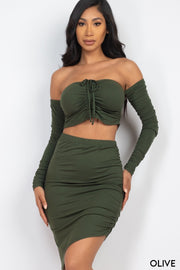 Off Shoulder Crop Top & Ruched Skirt Sets