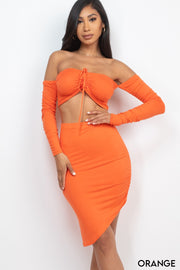 Off Shoulder Crop Top & Ruched Skirt Sets