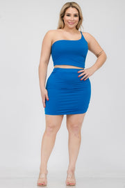 Plus One Shoulder Ruched Crop Top & Mini Skirt Sets