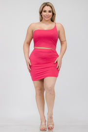 Plus One Shoulder Ruched Crop Top & Mini Skirt Sets