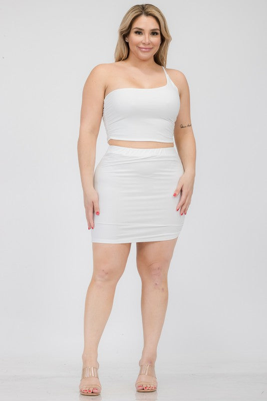 Plus One Shoulder Ruched Crop Top & Mini Skirt Sets