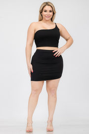 Plus One Shoulder Ruched Crop Top & Mini Skirt Sets