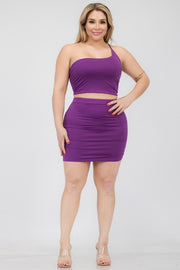 Plus One Shoulder Ruched Crop Top & Mini Skirt Sets