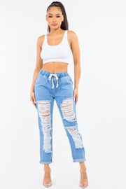 PLUS HIGH WAIST DISTRESSED FRONT DENIM JOGGERS