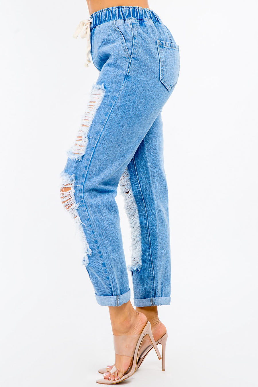 PLUS HIGH WAIST DISTRESSED FRONT DENIM JOGGERS