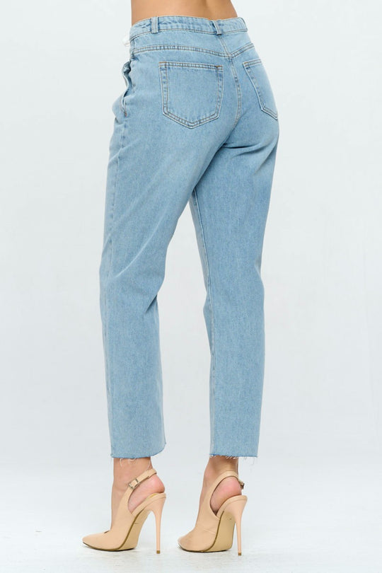 Pleated Raw Hem High Rise Mom Jeans