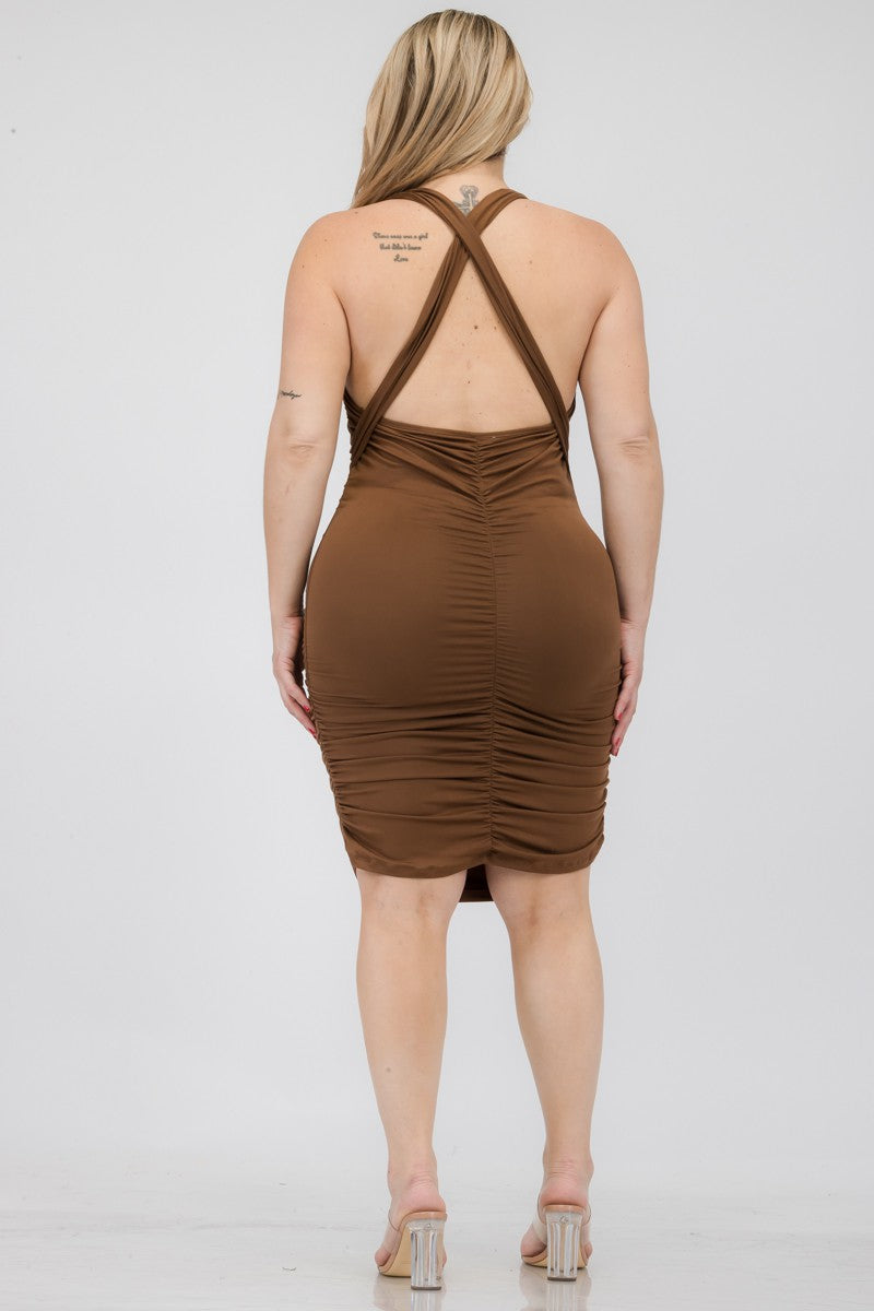 Curvy Appeal Plunging Neck Ruched Bodycon Mini Dress