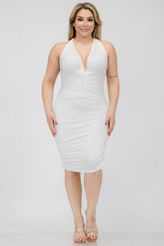 Curvy Appeal Plunging Neck Ruched Bodycon Mini Dress