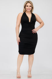 Curvy Appeal Plunging Neck Ruched Bodycon Mini Dress