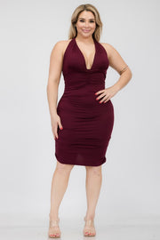 Curvy Appeal Plunging Neck Ruched Bodycon Mini Dress