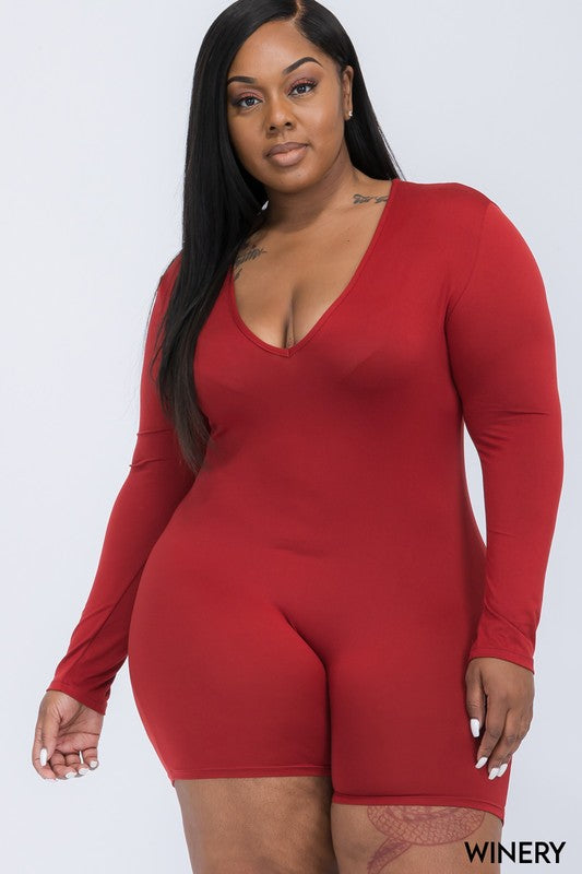 Plus Size V-Neck Long Sleeve Bodycon Rompers