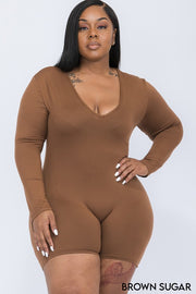 Plus Size V-Neck Long Sleeve Bodycon Rompers