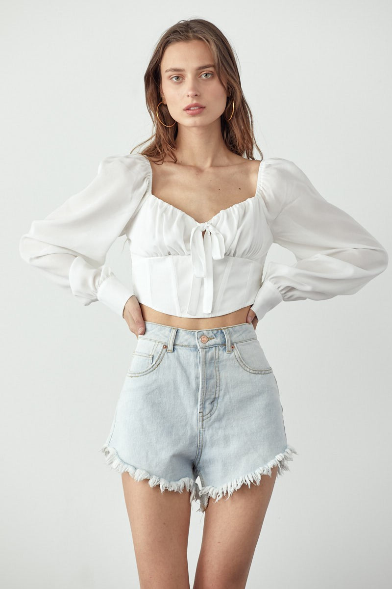 Long sleeve cropped corset top with front tie