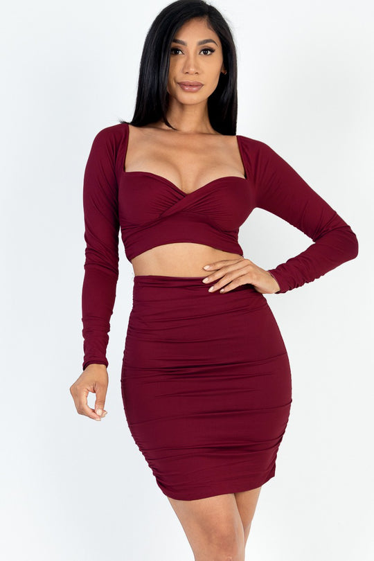 Sweetheart Neck Crop Top & Ruched Skirt Set